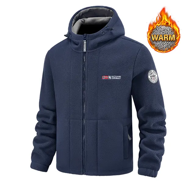 Men’s reversible fleece hooded jacket, warm fleece lining, multi-pocket design, refined embroidered logo, windproof cuffs, comfortable fit, medium size