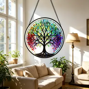 CUGBO Tree of Life Stained Glass Suncatcher - Magical Light Room Decoration, Colorful Window Hanging Print for Home, Garden