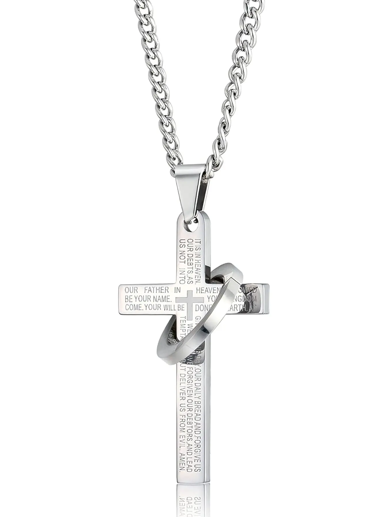 Stainless Steel Cross Necklace for Men & Women, Faith Necklace, Silver Color Chain Jewelry, Chain Necklaces, 24 Inches Lords Prayer Pendant Accessory, Fashion Matching Necklace, Fashion Jewelry Accessories, Trendy Jewelry
