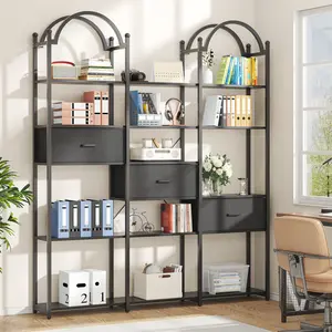 83.5" Tall Industrial Double Arch Bookcase with 3 Drawers - Triple Wide Etagere, 13 Shelves, Steel Tube X-Structure Storage & Display Unit for Home, Office