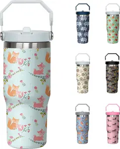 30oz Fox Tumbler with Handle and Flip Straw, Stainless Steel Insulated Cup, Travel Coffee Mug Water Bottle, Birthday Mothers Day Chritmas Gifts for Women Animal Lovers