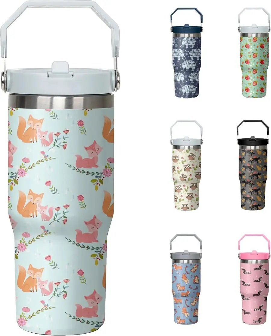 30oz Fox Printed Stainless Steel Insulated Tumbler Mug - Flip Straw Lid, Handle, Portable Kitchen Drinkware for Coffee - Gift Ready for Animal Lovers, Teachers on Birthday, Christmas Eve