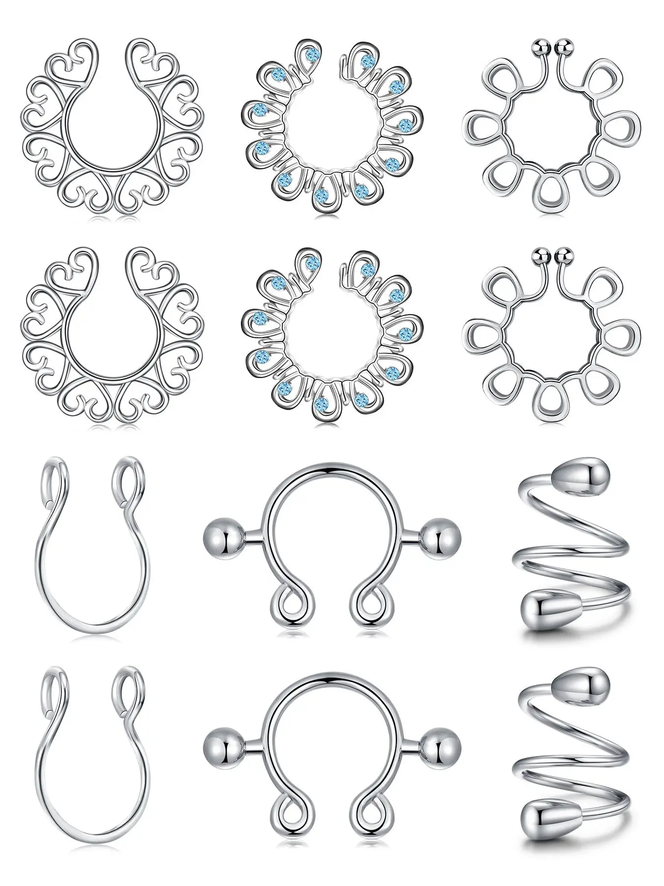 6Pairs Non-Piercing Clip On Nipple Rings Fake Nipple Rings, Adjustable Breast Jewelry for Women Stainless Steel Faux Nipple Piercing Fake Body Piercing Jewelry Vintage Body Jewelry