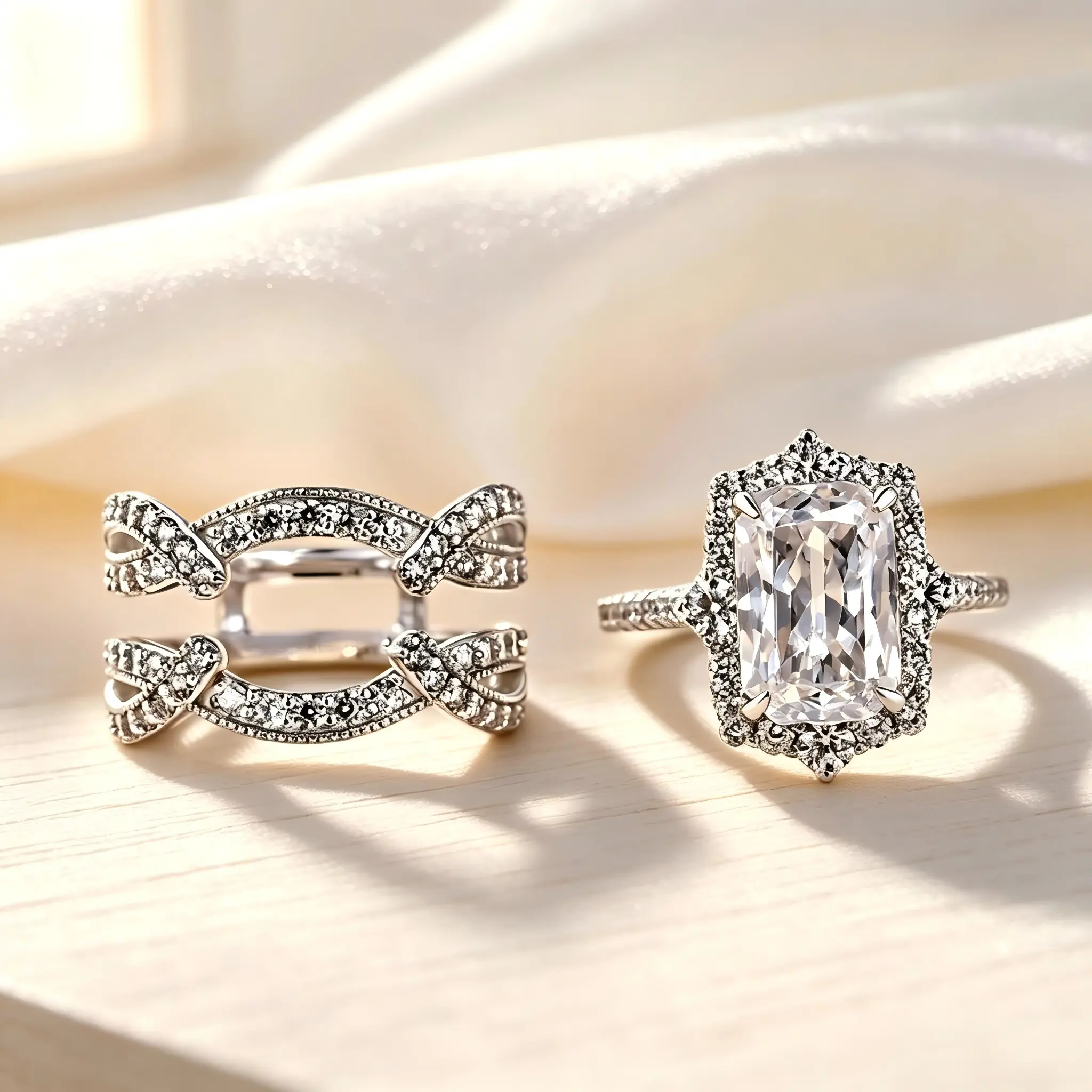 Vintage Halo Radiant Cut Fashion Engagement Ring Set - 2 Part Cubic Zirconia Rings with Bow Accent Enhancer Band, Women's Jewelry Stack for Weddings, Fashion Engagement Rings