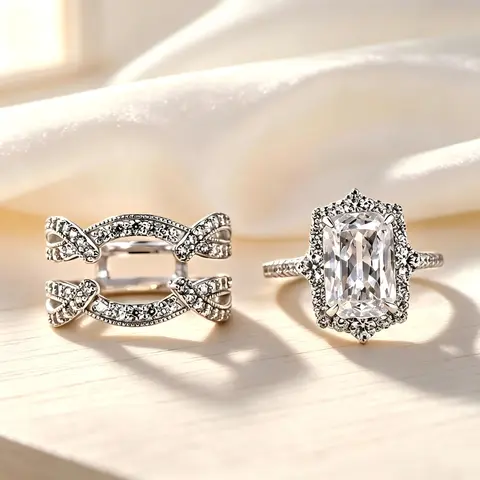 Women's 2-Piece Vintage Halo Radiant Cut Artificial Zircon Artificial Crystal Ring Stack Set - Bow Decor, Bridal Ring Sets, Jewelry for Women, Accessories Adults Female for Weddings, Daily Wear