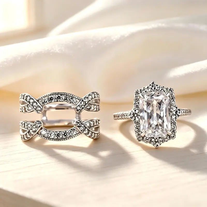 Women's 2-Piece Vintage Halo Radiant Cut Artificial Zircon Artificial Crystal Ring Stack Set - Bow Decor, Bridal Ring Sets, Jewelry for Women, Accessories Adults Female for Weddings, Daily Wear
