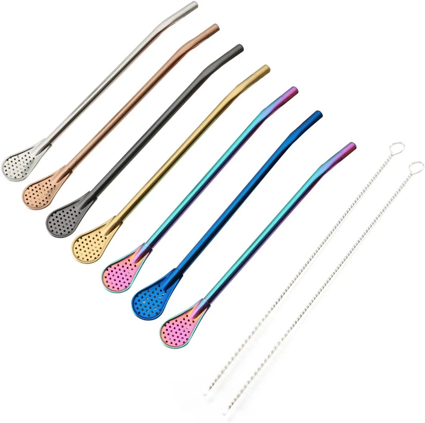 Straws Spoon for Yerba Mate Stainless Steel Straw Spoon Filter Strainers for Loose , Coffee Stirrers, Smoothie Slushy Straws, 9 count 6 Colors with 2 Cleaner Brushes