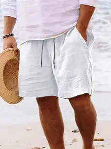 Men's Summer Linen cargo shorts, Drawstring Waist Beachwear, Pure Color Casual Short Pants, Comfortable and Stylish