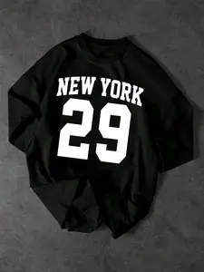TikMen New York City Letter Print Classic T-Shirt, Unisex Streetwear, Round Neck Short Sleeve, Casual Loose Fit, Geometric Pattern, Long Clothing