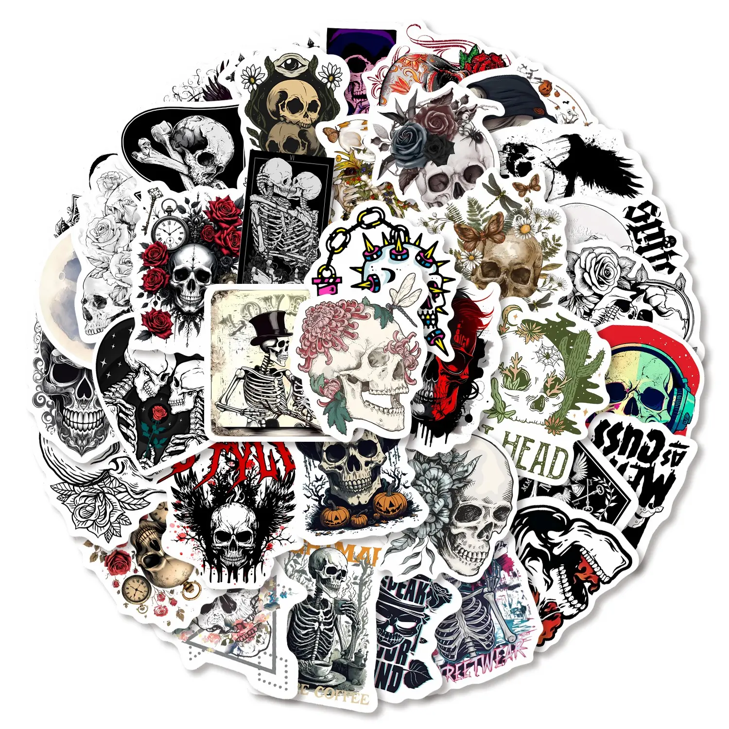 50pcs Gothic Skull Dark Aesthetic Stickers Pack, Sticker Set, Sticker Sheets, Waterproof Durable Sticker, Waterproof Vintage Skeleton & Rose Decals for Laptop, Water Bottle, Journal & Scrapbook, Dark Style Lover Gift, Premium Skull Stickers