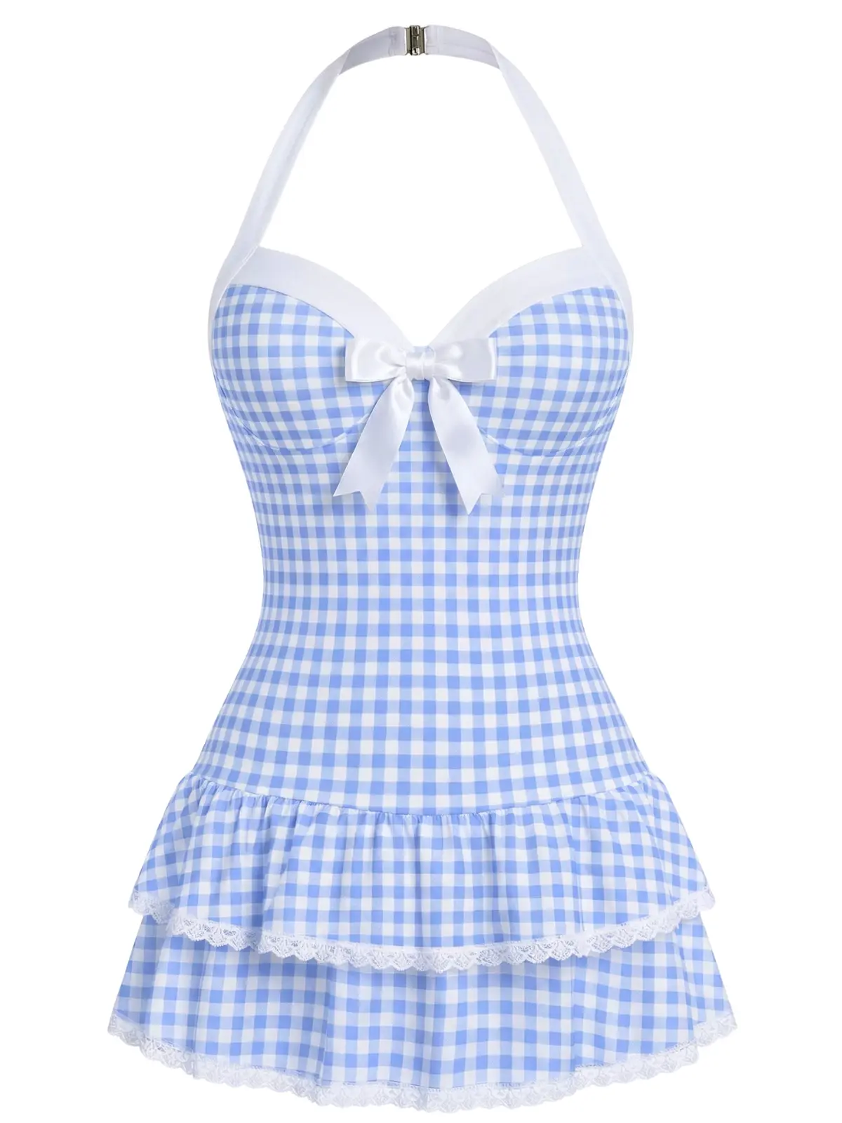 RETRO STAGE Women's 1940s Blue Gingham Halter 1-Piece Bathing Suit, Backless Swimwear with Polka Dots, Dainty Bow, Ruffled Hem & Comfortable Fit, Period Swimwear, Bathing Suits, One Piece Swimsuit