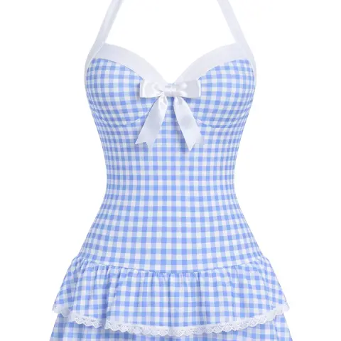 RETRO STAGE Women's 1940s Checked Halter X-Strap Backless 1-Piece Swimsuit - Blue Gingham, Polka Dots, Dainty Bow, Ruffled Hem, Comfortable Fit, Retro Vibe Bathing Suit, Swimsuit for Women