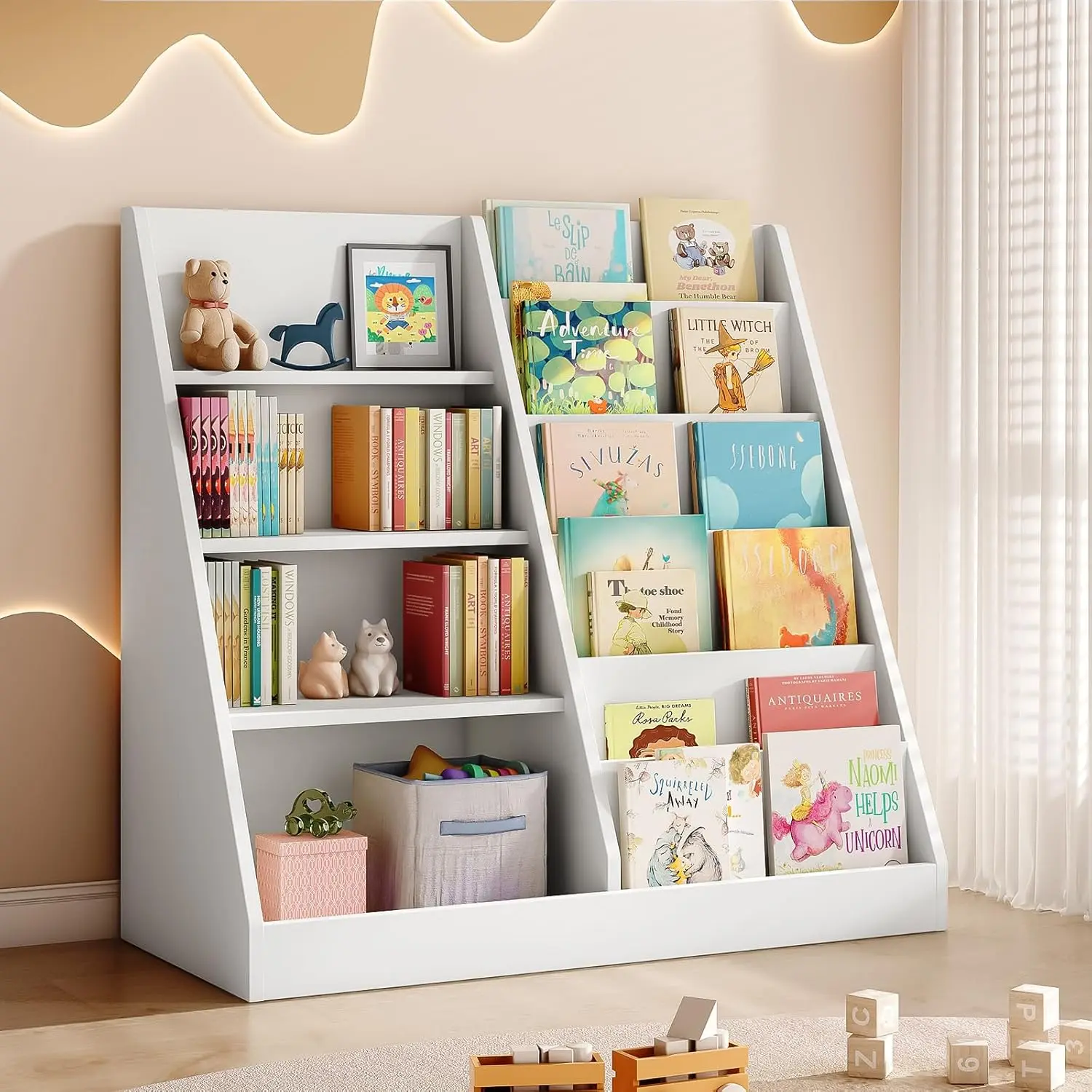 6 Tier Kids Wooden Bookshelf and Toy Storage, Children Toy Organizer with Book Shelves, Toddler BookRack Baby Bookcase for Nursery, Playroom and Classroom, White