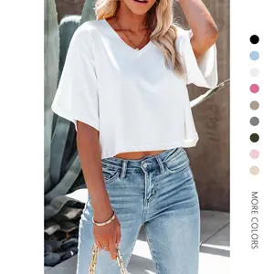 Danedvi Women's Short Sleeve V-Neck Minimalist Streetwear Crop T-Shirt - Casual Lightweight Plain Athleisure Top for Summer, Shortsleeve