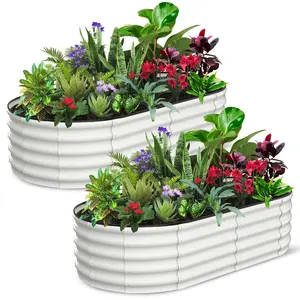Oval Galvanized Steel Raised Garden Bed – Large Metal Planter Box, Open Base, Safety Edge, Tool-Casual Assembly – 2-Pack Outdoor Steel Raised Beds for Vegetables, Flowers, Herbs
