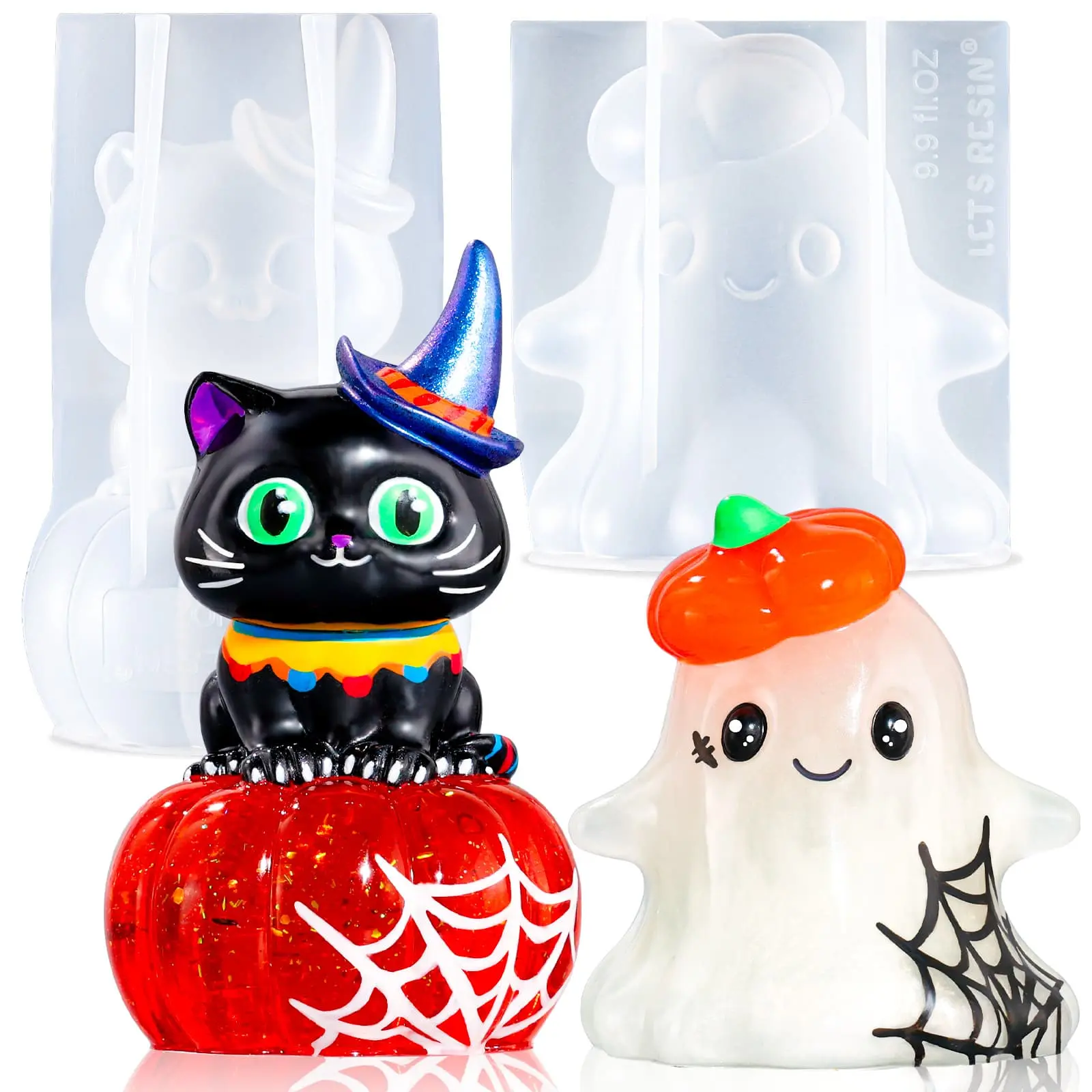 Halloween Resin Molds Silicone, Cute Ghost Silicone Molds & Cat Pumpkin Epoxy Resin Molds with Witch Hat,Perfect for Resin Casting,Halloween Party, Thanksgiving Autumn Decor, Gifts(2PCS) - LET'S RESIN