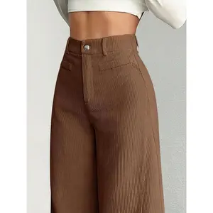 Women's High-Waisted Wide-Leg Pants - Corduroy Texture Casual Long Pants, Side Pocket Design, All-Season Comfort, Machine Washable Beige Pants