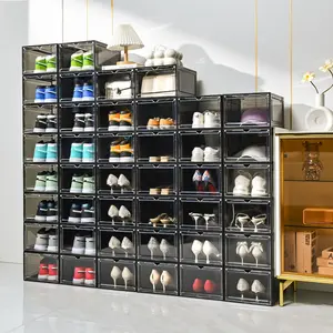 12-piece large transparent acrylic shoe box with magnetic front door - featuring label slots, space-saving design, suitable for both men and women, compatible with US size 14/EU size 47, multi-functional (transparent/black), for closet organization, moder