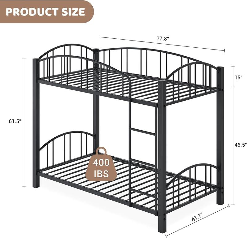 Metal Bunk Bed Twin Over Twin Heavy Duty Bunkbeds Frame with Arched Guardrail and Safety Ladder Sturdy Steel Bed for Kids Boys Girls Space-Saving No Box Spring Needed Matte Black