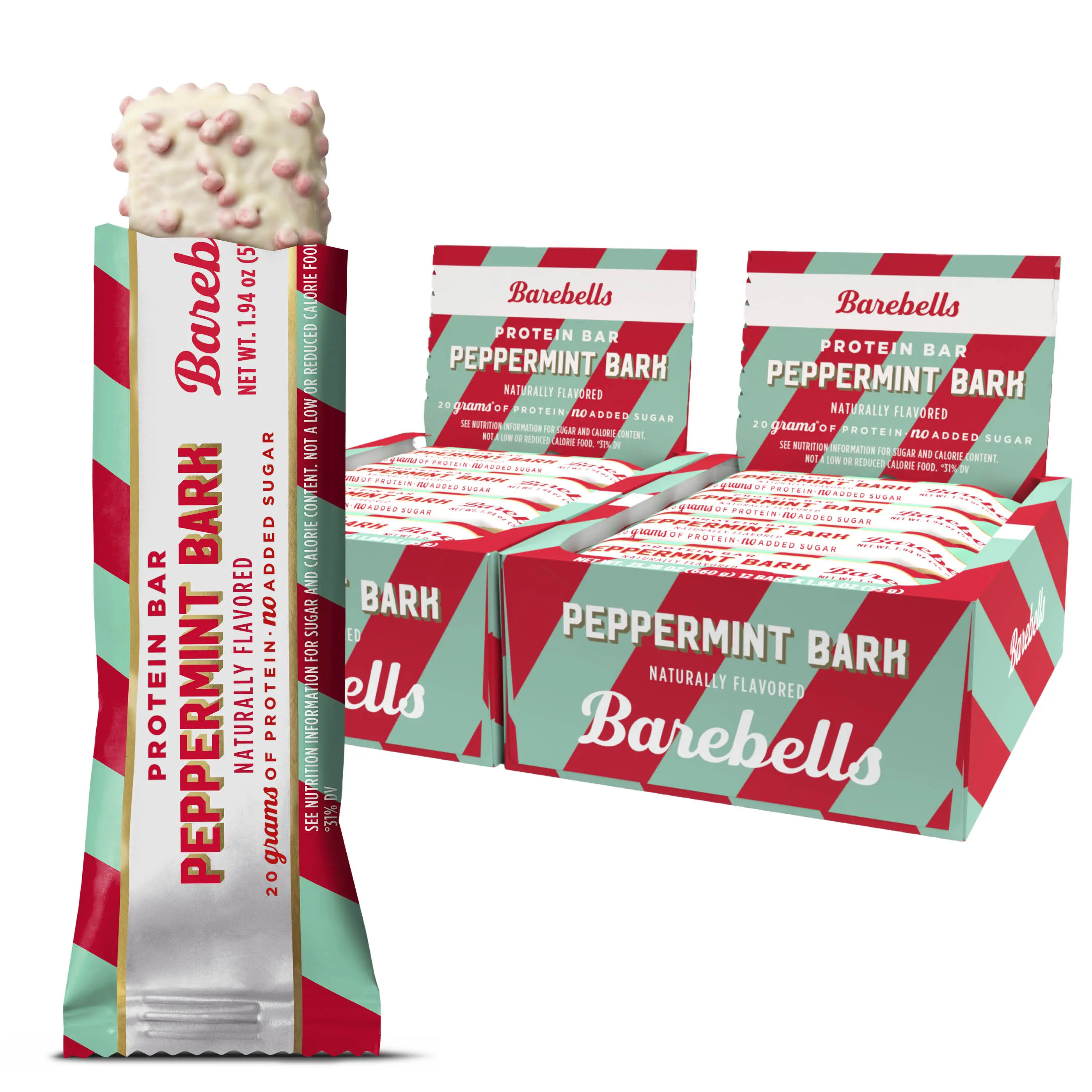Barebells Protein Bars Peppermint Bark – 12 Count (Pack of 2), 20g Protein, Creamy Vanilla Nougat with 1g Sugar, White Chocolate Coated Snack for Breakfast or Post-Workout Functional Protein Bar