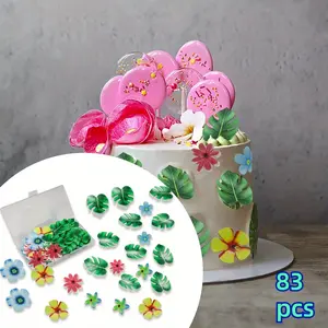 83PCS Edible Tropical Turtle Leaves Flower Cupcake Toppers Wafer Paper Palm Leaf Flower Cake Topper Edible Cake Decoration for Hawaii Aloha Jungle Summer Theme Wedding Birthday Party