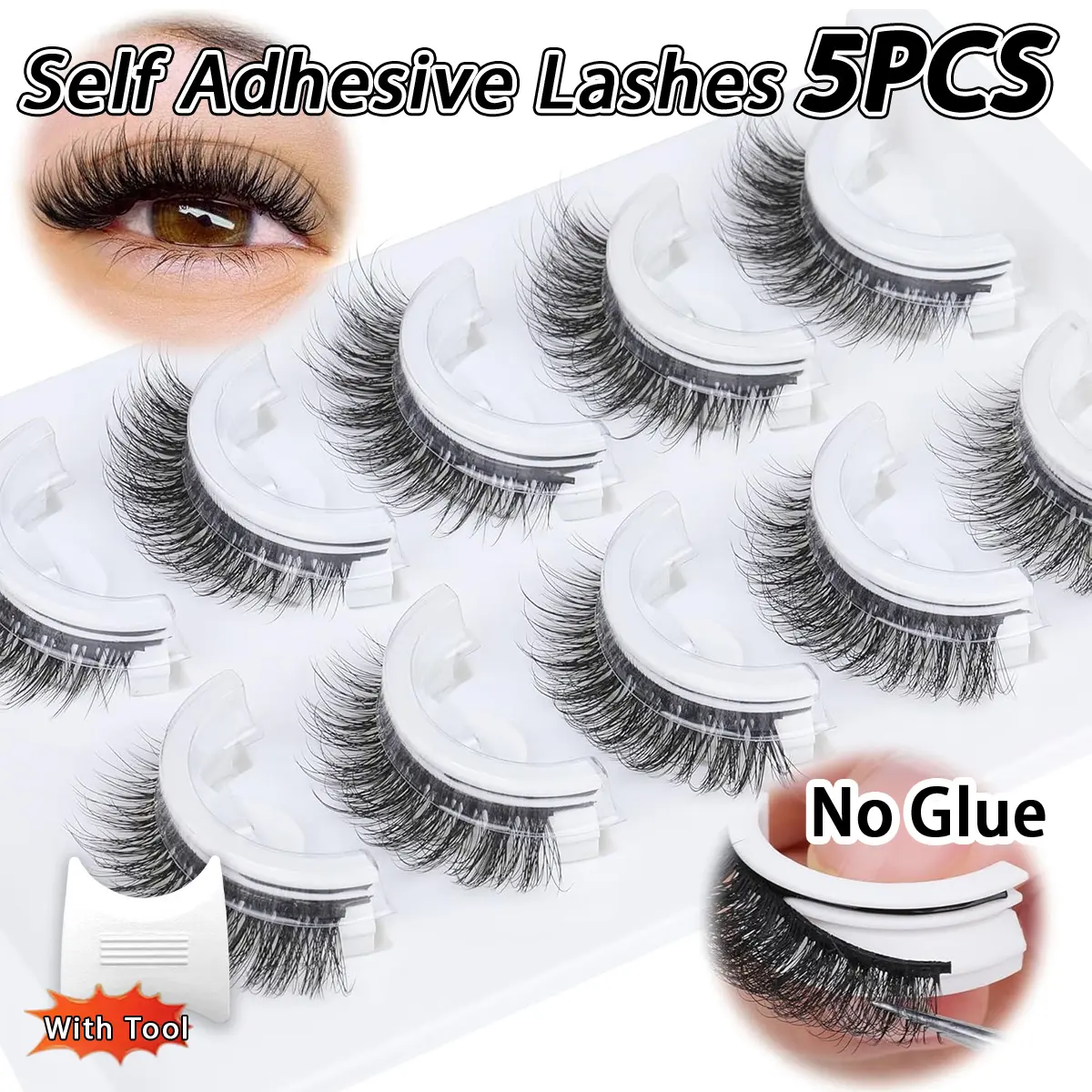 5 Pairs Self-Adhesive False Eyelashes Faux Lashes No Glue Needed Glueless Lashes Pre-Bonded Reusable Natural Fluffy Lashes Natural Look Lashes Easy to Wear And Remove with Adhesive Strips, Eyelash Extensions