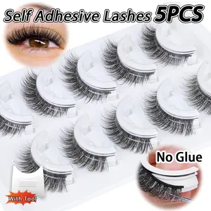 5 Pairs Self-Adhesive False Eyelashes Faux Lashes No Glue Needed Glueless Lashes Pre-Bonded Reusable Natural Fluffy Lashes Easy to Wear And Remove with Adhesive Strips, Eyelash Extensions