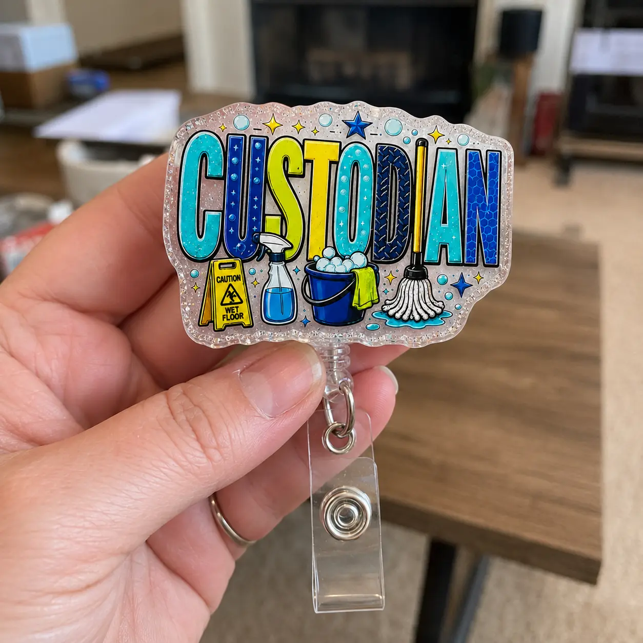 Badge Reels for Custodians, Cute Acrylic Custodian Janitor ID Badge Holder, Retractable Swivel Clip School Staff Appreciation Gift