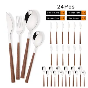 Elegant Stainless Steel Cutlery Set, Dinnerware Service Set with Wooden Handles, Modern Tableware Sets, Available in 12/16/24 Pieces, Perfect for Home Dining, Parties & Events