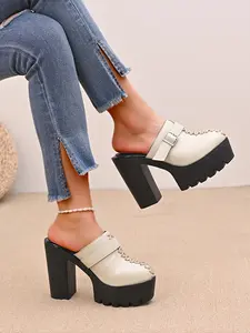 Women's New Thick Sole Chunky Heel Mules, Fashion Versatile Buckle Woven Backless Sandals, Height Increasing Waterproof Platform Shoes