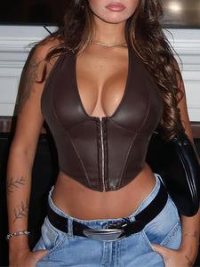 women's solid color halter neck tank top, fashion casual pu leather tank top for party club dating wear, women's top for summer