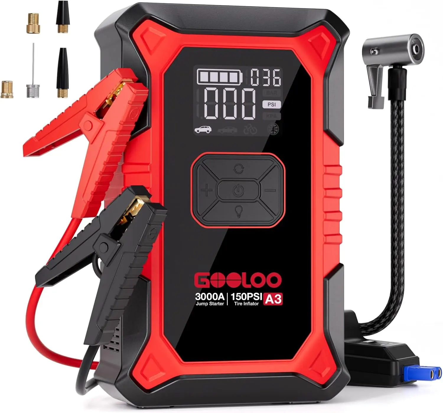 Portable Jump Starter Air Compressor 12V 3000A Super Safe Car Battery Booster Pack 9L Gas 6.5L Diesel Boost Function Dead Battery 150 PSI Auto Off Tire Inflator LED Flashlight Emergency Power Bank Battery Jump Box Tool Kit