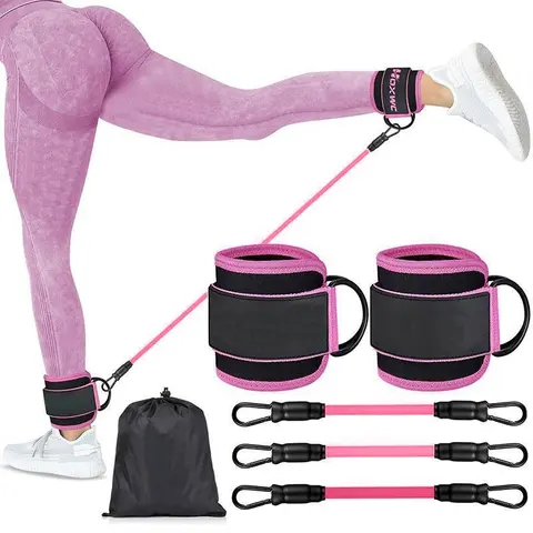 Ankle Resistance Bands with Cuff Attachments - 1-Set Elastic Fabric Functional Gear, Stretching Gear, Home Workout Equipment for Leg-Glute Kickbacks & Hip Training (5-Pack for More Workouts)