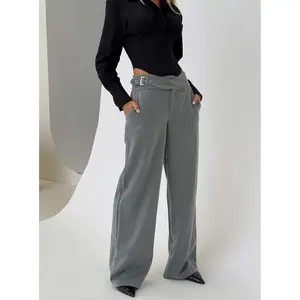 Jinny Relaxed Buckle Tailored Pants Grey Pinstripe
