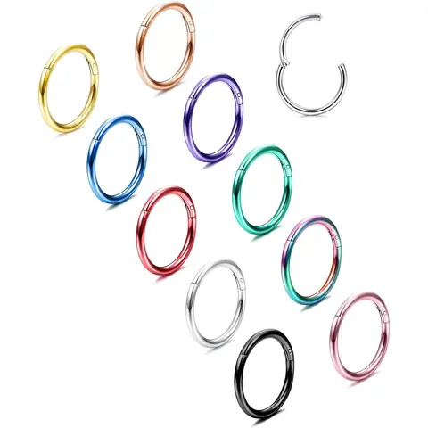 BESTEEL 10-Piece Thin-Band Hinged Clicker Body Jewelry Set - 16G/18G, 8-12MM Hypoallergenic Hinge Nose Ring, Helix Pierced Ring, Conch Septum Piercing Jewelry for Women Men, Conch Piercing Jewelry