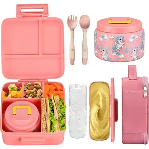 Bento Lunch Box for  With 8oz Soup Thermo,Leak-proof Lunch Containers with 5 Compartment,Thermos  Jar and Lunch Bag,  Containers for School (A-Pink(Fantasy Unicorn))
