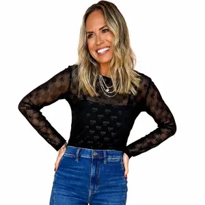 Women's Black Mesh Bow Pattern Long Sleeve Top, Feminine Lady's Casual Breathable Elegance Blouse for Daily Wear