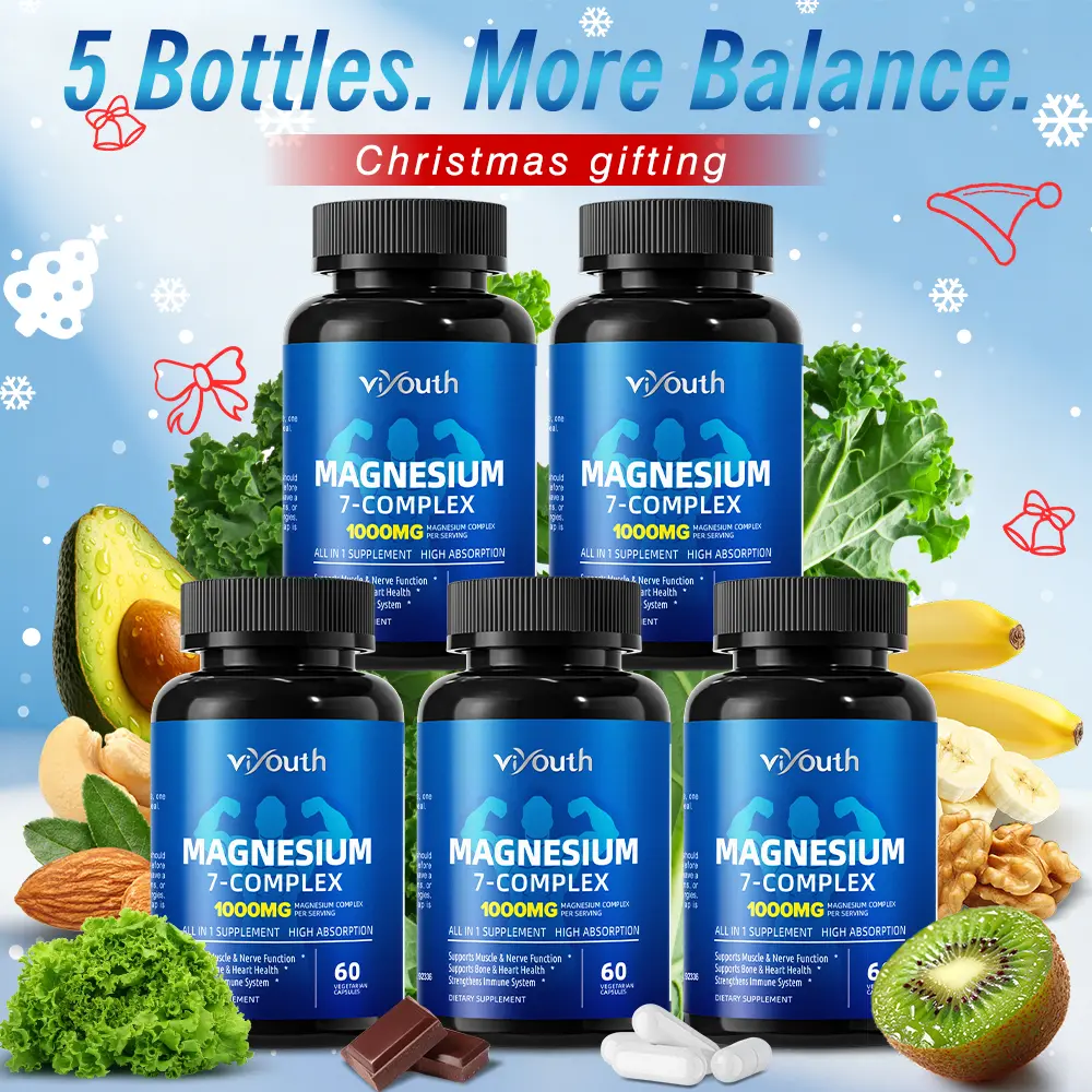 Viyouth 5-Bottle 1000mg 7-Type Magnesium Complex Dietary Supplement with Zinc - Healthier Choice Mineral Support for Relaxation, Muscle Function, Nerve Function - 3rd Party Tested, Ideal Holiday Gift
