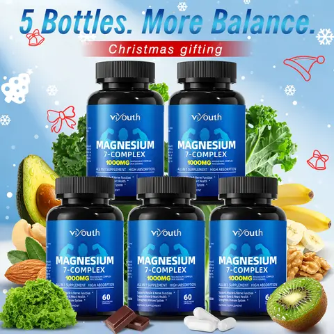 Viyouth 5-Bottle 1000mg 7-Type Magnesium Complex Dietary Supplement with Zinc - Healthier Choice Mineral Support for Relaxation, Muscle Function, Nerve Function - 3rd Party Tested, Ideal Holiday Gift, Mineral Supplements, All-In-One Mineral Supplements