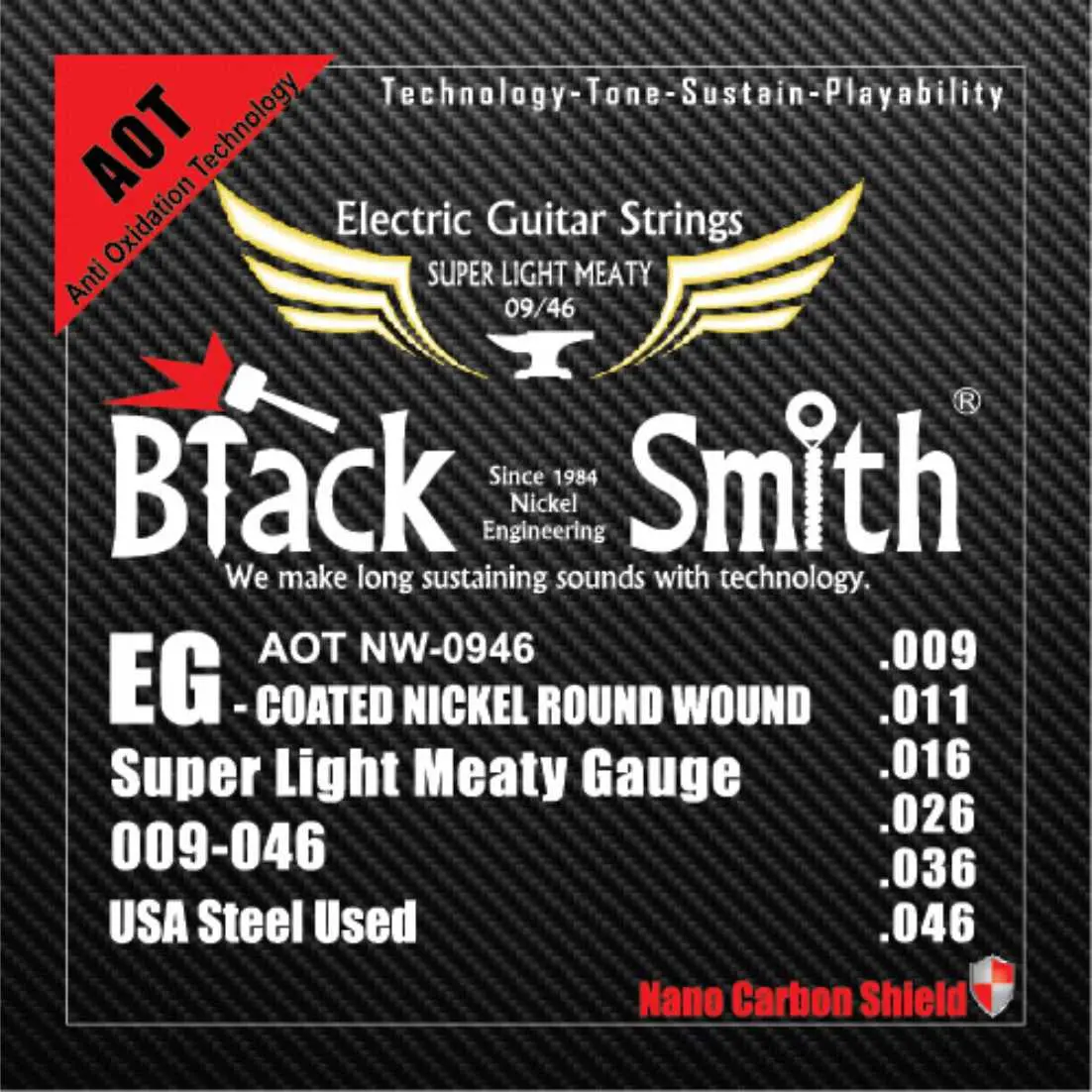 BLACKSMITH Electric 6 String Set, Nano-Carbon Coated, Super Light Meaty - 009 - 046