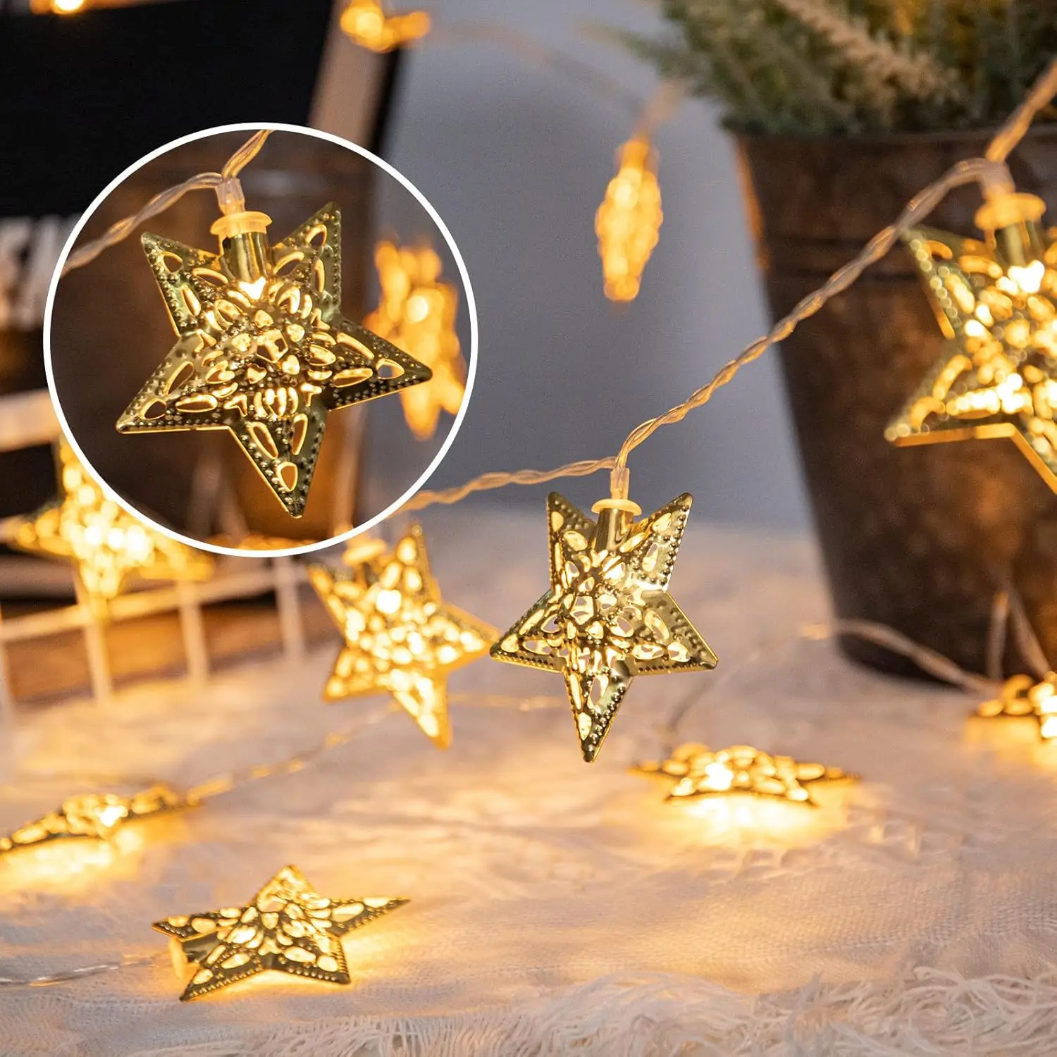 10Ft Star String Lights - 20 LEDs Star Fairy Lights Battery Operated with Timer, Ramadan Decoration Light for Home Bedroom Party Holiday Eid Mubark Decoration