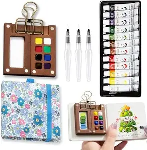 Mini Portable Watercolor Palette Set with Grid Paint Box Binder Clips 12 Vibrant Colors 3 Brushes Picture Album Art Materials Coloring Markers Blue Wood-S for Artists