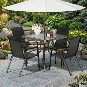 5 Piece Outdoor Patio Dining Set, 31.3" Square Glass Table with Umbrella Hole & 4 Stackable Ergonomic Textilene Chairs, All-Weather Powder-Coated Steel Frame Furniture for Garden Poolside Backyard