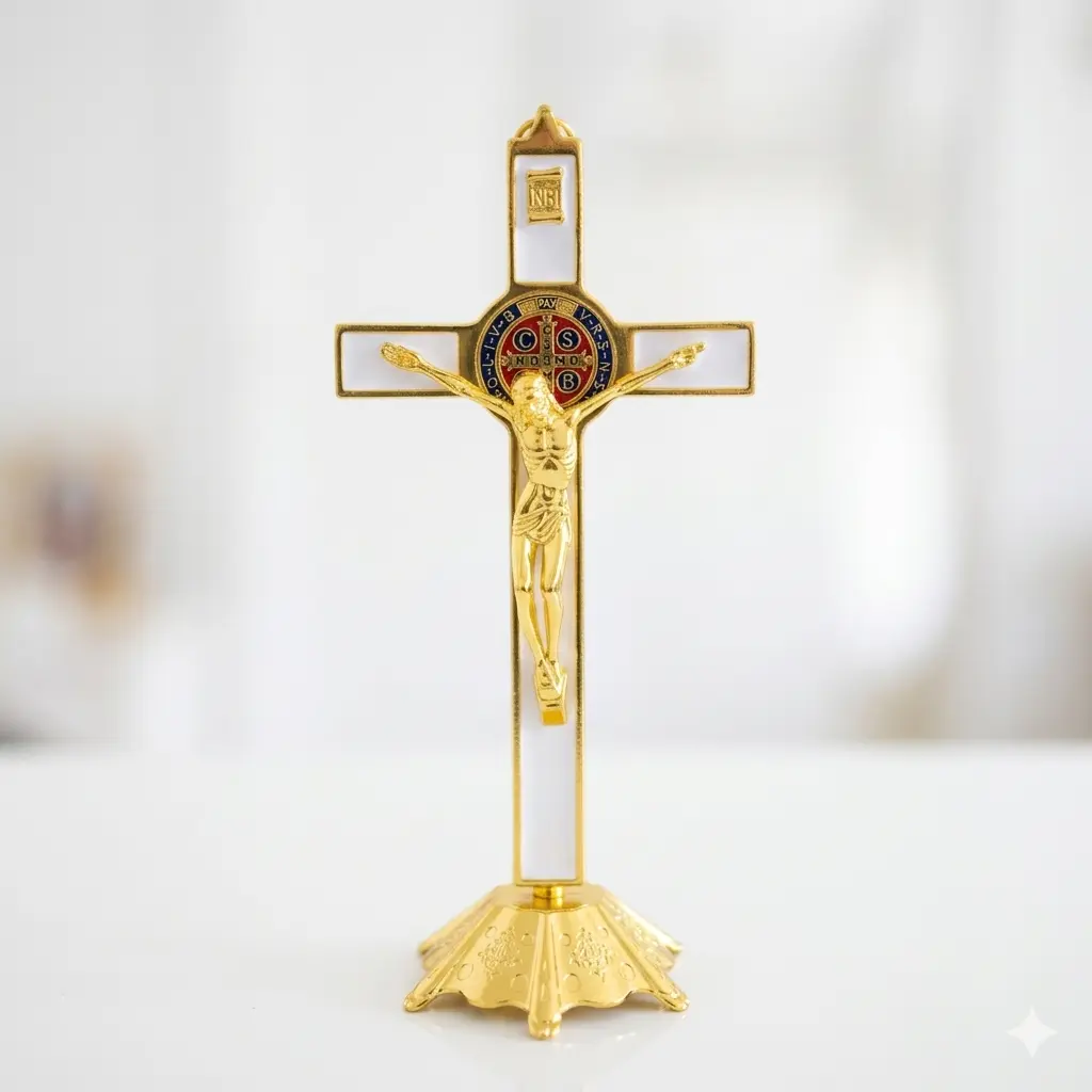 9 in Elegant White Metal Saint Benedict Crucifix - Wall-Mounted Decorative Religious Christianity Decor, Removable Base, Faith-Focused Indoor Home Supplies Gift for Faith-Focused Space