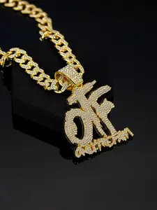 Hiphop Zircon Otf Letter Pendant Necklace, Custom Hip Hop Street Style Jewelry, Cuban Chain, High End Necklace, Trendy Artisan Necklace