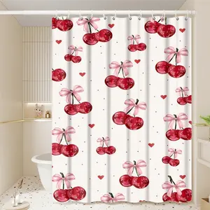 1pc Romantic Cherry & Pink Bow Shower Curtain, Sweet Hand-Painted Watercolor Bathroom Decor, Tranquil Nature-Inspired Design, 70.9x70.9in Hanging Curtain with Hooks, Ideal Gift for Valentine's Day or Spring Celebration
