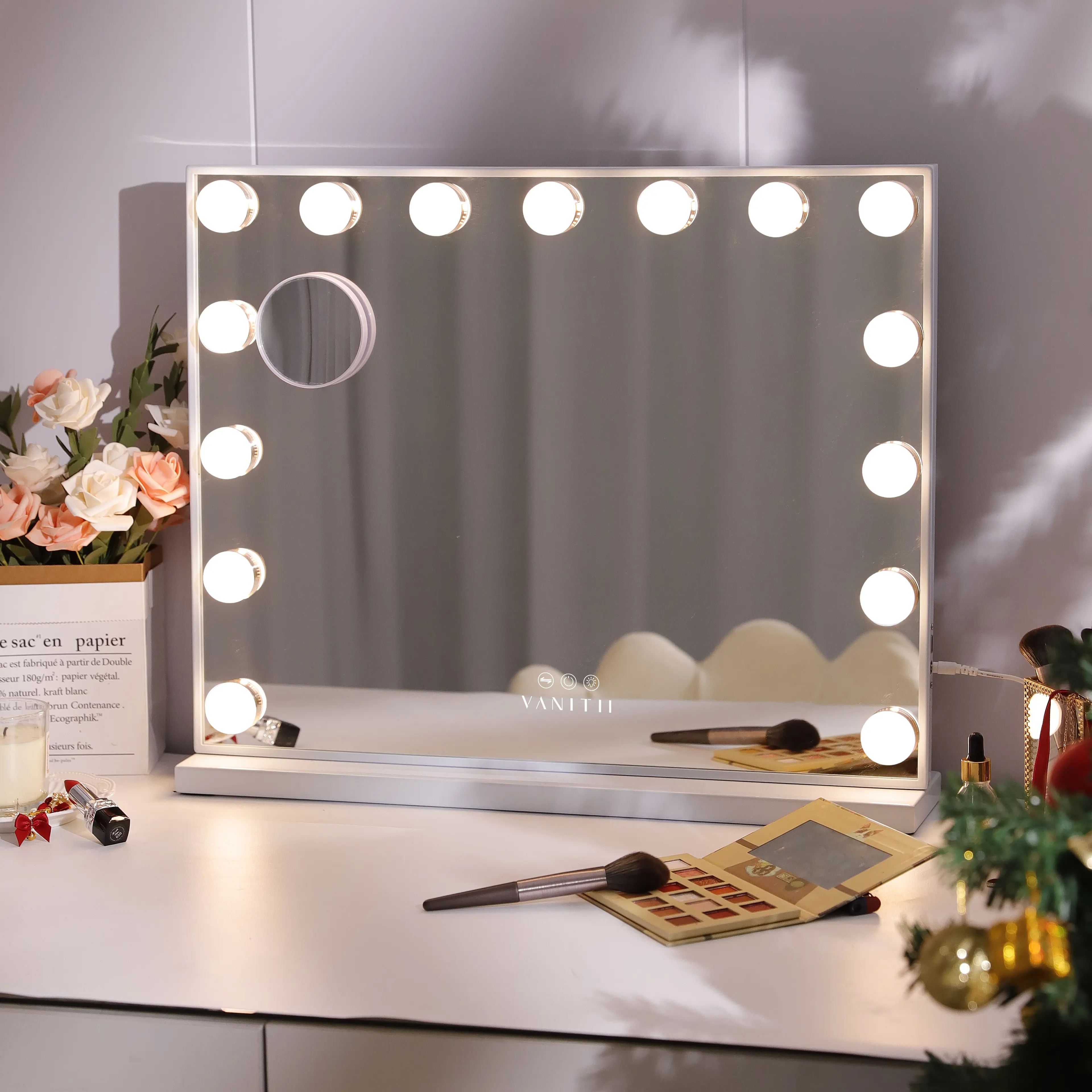 VANTII 23×18'' Hollywood Makeup Vanity Mirror，15 LED Bulbs，10X Magnifying，3 Modes Dimmable Light with USB Charging, Tabletop Vanity Mirror for Cosmetics