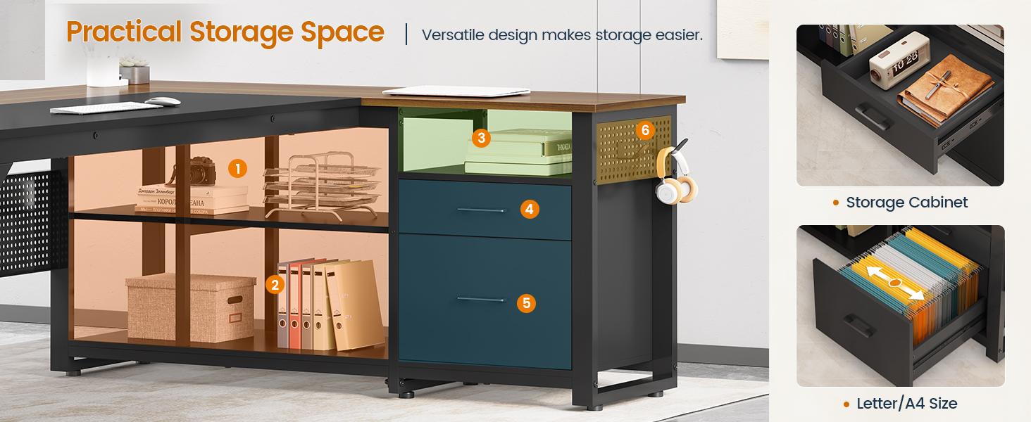 71" Reversible L-Shaped Modern Wood Executive Desk - Home Office Workstation with Power Outlet, File Drawers, Pegboard, CPU Stand - Desks for Gaming (Walnut), Modern Wood Desk