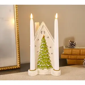 Lightscapes Ceramic Holiday Scene with 2 Flameless Taper Candles