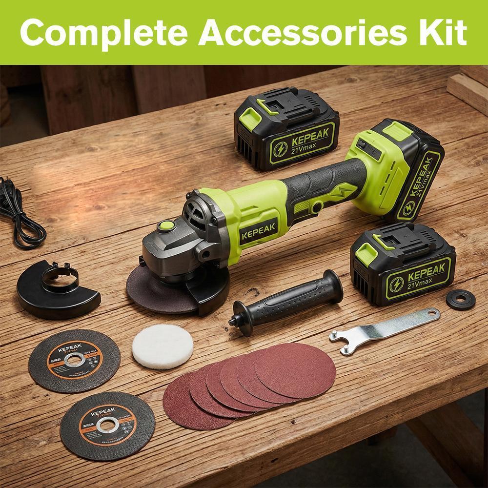 【BackToSchool】21V Brushless Motor 4" Cordless Angle Grinding Machine Full Kit - 450W Power Tool with 1300mAh Battery, Charger, Metal Cutting Discs, Grinding Wheel, Self-Adhesive Backing Pad & Accessories for DIY Home Improvement, Workshop Tasks